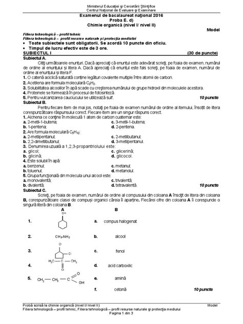 PDF Model de subiecte la Chimie Organică profil Tehnologic Bac 2016