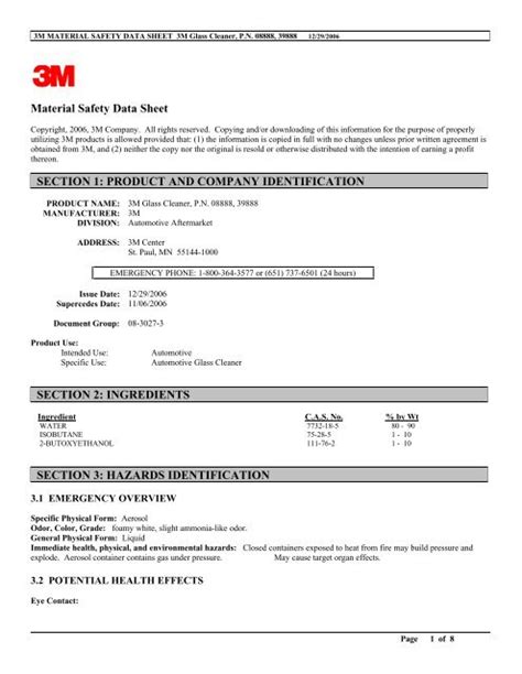 3m Glass Cleaner Aerosol Msds Cleanersolutions Database