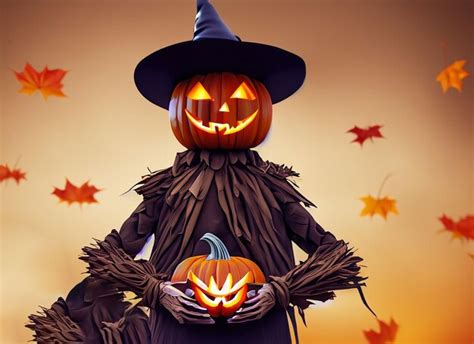 Premium Ai Image Halloween Scarecrow With Caved Pumpkin Head Autumn