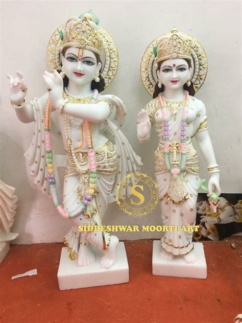 Golden Gold Plated Plain White Marble Hindu Radha Krishna Statue For