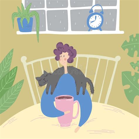 Comfort Rest Cozy Relaxation With Cat And Hot Tea In Bed At Home Concept Hand Drawn Vector