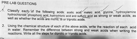 Solved Pre Lab Questions Classify Each Of The Following Acids Acetic Acid Maleic Acid