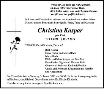 Traueranzeigen von Christina Kaspar Schwarzwälder Bote Trauer