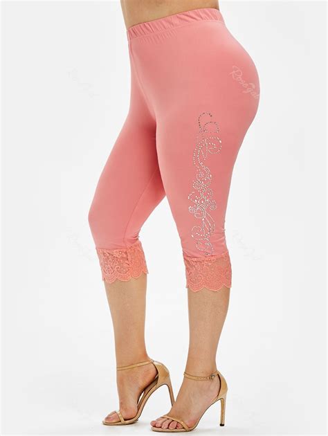 [56 Off] Plus Size Lace Trim Rhinestone Capri Leggings Rosegal