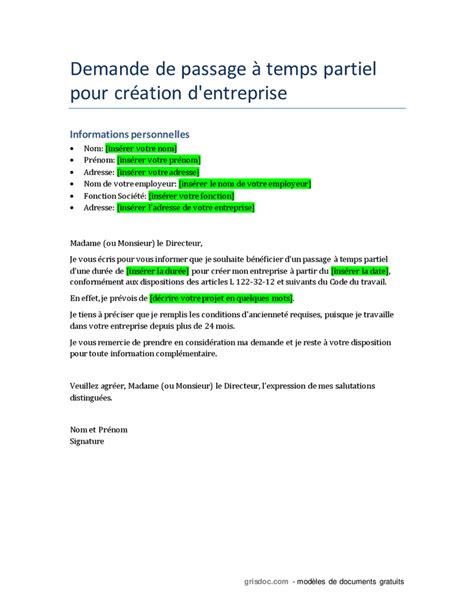 Demande De Passage Temps Partiel Pour Cr Ation D Entreprise Doc