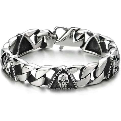 Homme Acier Chaîne Gourmette Bracelet AVCE Crâne et Pointillés Triangle