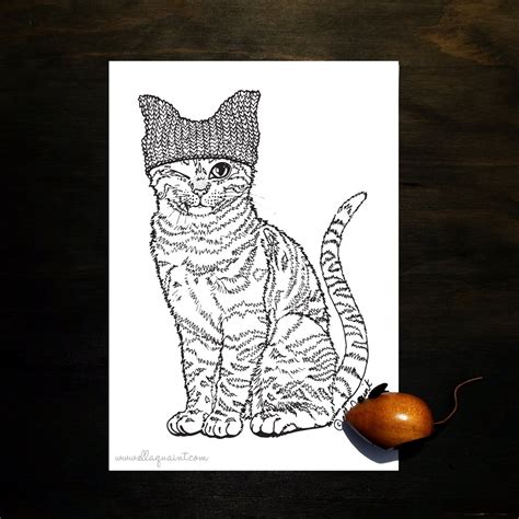 Pink Pussy Hat Cat Adult Coloring Colouring Page By Etsy