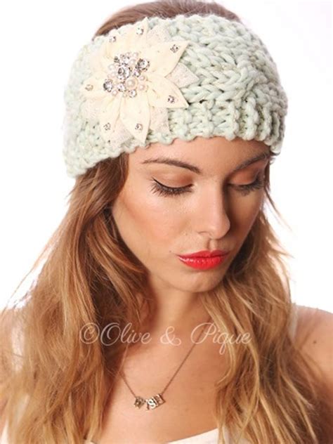 Boho Ear Warmer Headband Mint Cable Knit With White Bling Flower Cryst