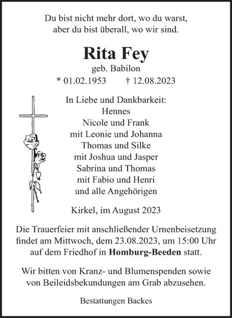 Traueranzeigen Von Rita Fey Saarbruecker Zeitung Trauer De