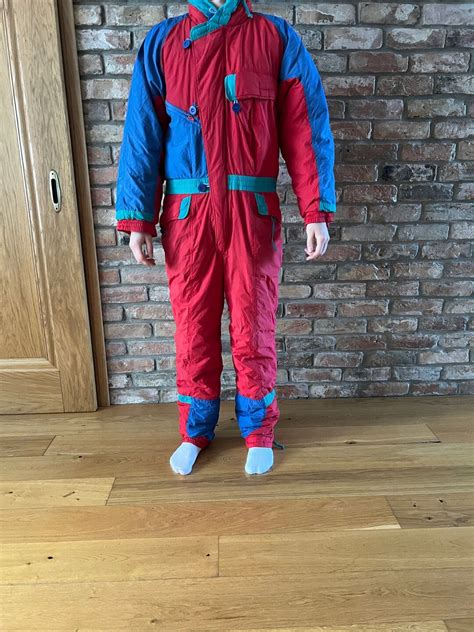 Vintage Red Blue Men S Ski Suit Red One Piece Winter Ski Suit Retro Snowsuit Hipster Winter Wear