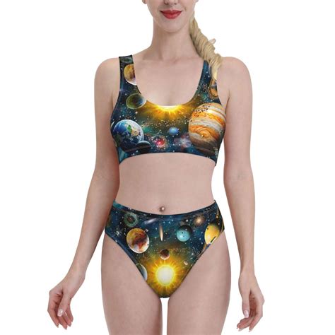 Adobk Space Planet Print Women High Waisted Bikini Set Sports Swimsuit