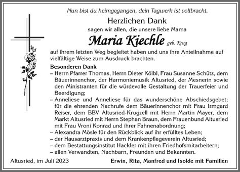 Traueranzeigen Von Maria Kiechle Allg Uer Zeitung