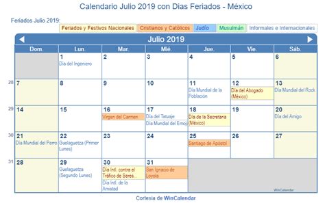 Calendario Julio 2019 Para Imprimir México