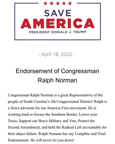 President Trumps Endorsement Ralph Norman For Congress