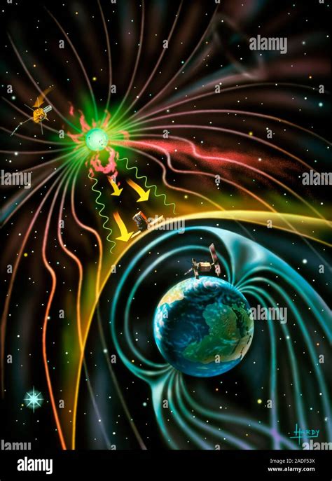 En la magnetosfera de la tierra. Ilustración de los satélites en el ...