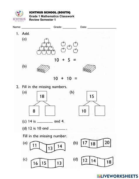 Grade 1 Semester 1 Math Review Worksheet Live Worksheets Worksheets Library