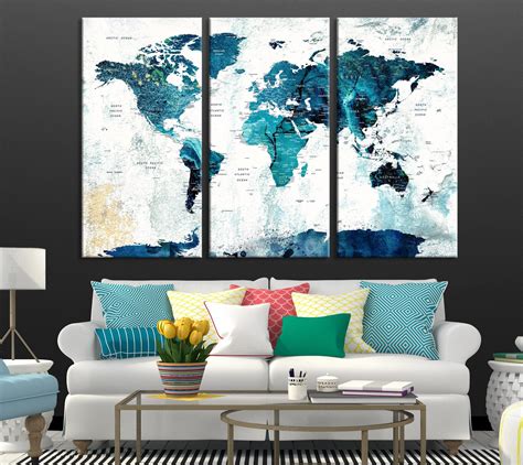 Push Pin World Map Canvas Wall Art Extra Large World Map Etsy World