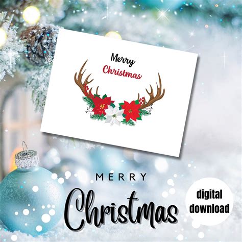 Merry Christmas Poinsettias Antlers Digital Printable Card - Etsy
