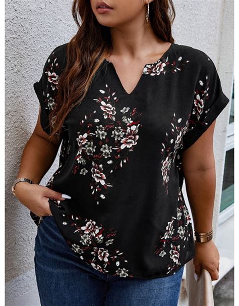 Curvy Floral Print V Neck Blouse Black Boutique 23