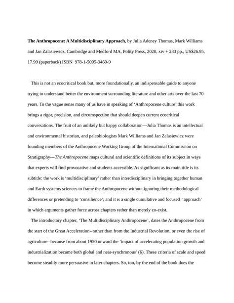 Pdf The Anthropocene A Multidisciplinary Approach By Julia Adeney Thomas Mark Williams And