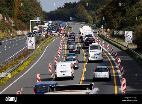 Traffic jam at the reduction of 3 to 2 lanes at a highway construction site on the A2 motorway ...