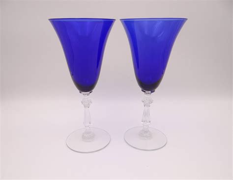 2 Gorgeous Vintage Huntington Ding Pattern Cobalt Blue Water Goblets