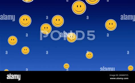 Digital Animation Of Multiple Smiling Face Emojis Floating Against Blue