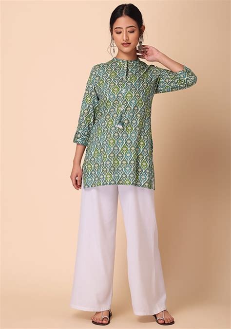 Buy Women Green Boota Print Embroidered Rayon Top Everyday Ethnic Indya