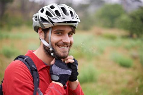 Cycling Happy Man And Portrait In Helmet For Safety Protection And