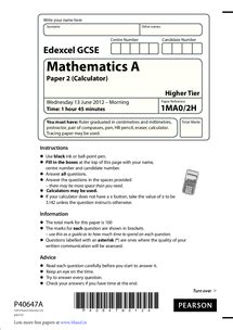 Maths Edexcel June 2012 Calculator Paper Document In GCSE Mathematics