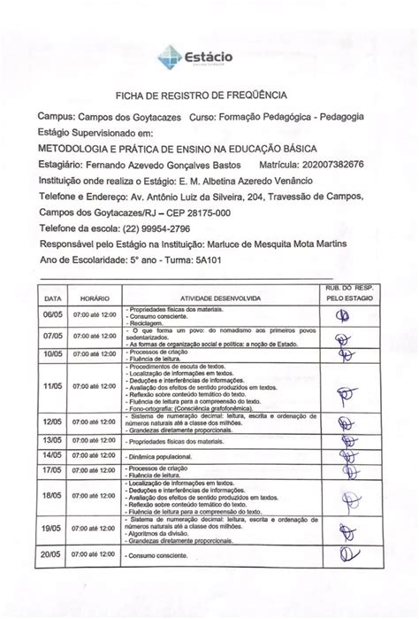 Ficha De Acompanhamento De Est Gio Unopar Braincp