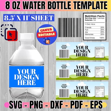 8oz Water Bottle Label Blank Template Water Bottle Label Template Diy