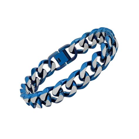 Mens Blue Stainless Steel Beveled Curb Link 85 Bracelet