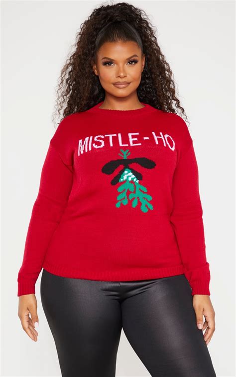 Plus Red Mistle Ho Christmas Slogan Jumper Prettylittlething