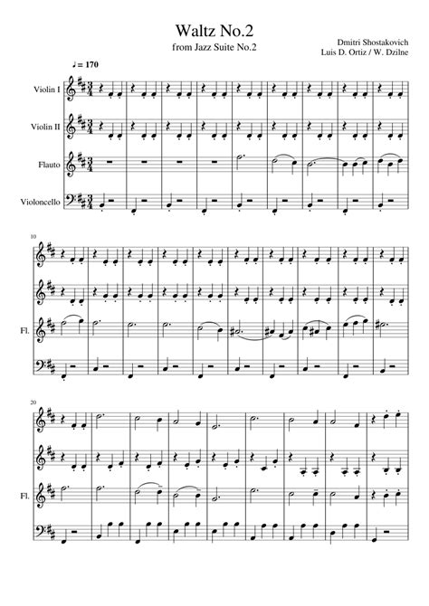 Shostakovitch Waltz No 2 For 2 Violins Flute Cello Sheet Music For Flute Violin Cello