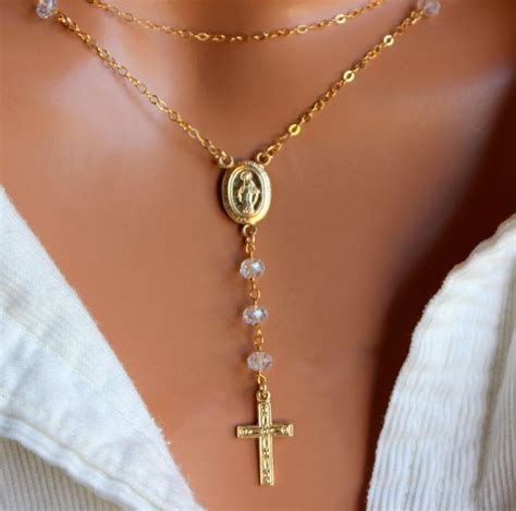 Best Seller Gold Rosary Necklace Women Crystal Rosary Cross Etsy