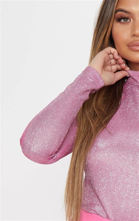 Berry High Neck Glitter Bodysuit Tops Prettylittlething Usa