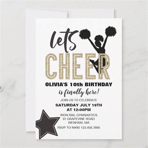 Cheerleading Gold And Black Cheer Birthday Invitation Zazzle Cheer