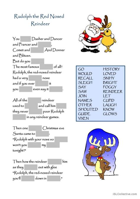 Rudolph The Red Nosed Reindeer Song English Esl Worksheets Pdf Doc