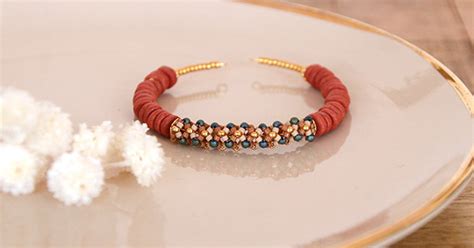 Chenille Stitch Tubular Bracelet With Terracotta Ceramic Heishi Beads