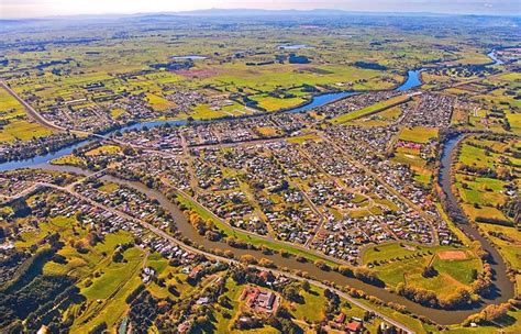 Ngaruawahia, bounded by the Waipa River, Foreground, Waikato River ...