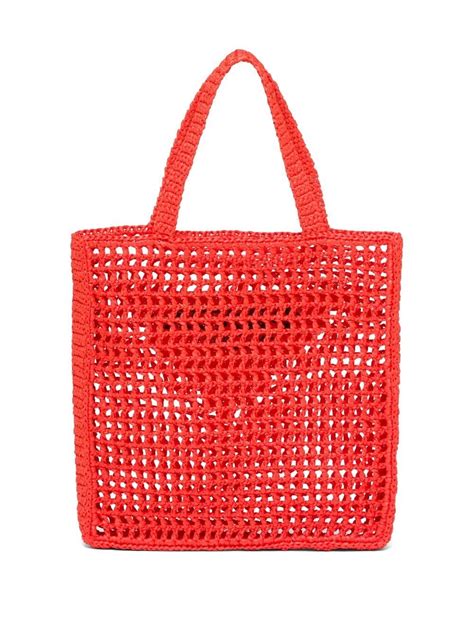 Prada Triangle Logo Crochet Raffia Tote Bag Orange Farfetch