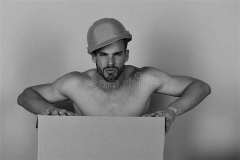 Guy With Naked Chest Wears Red Leather Boxing Glove Stock Photo Image