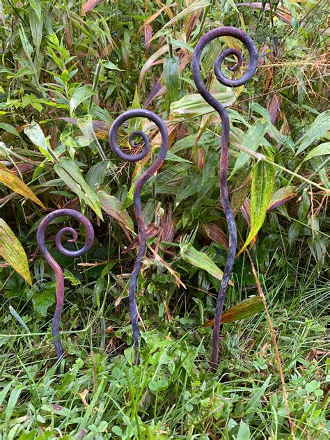 Hand-forged Set of Fiddlehead Decorative Garden Stakes