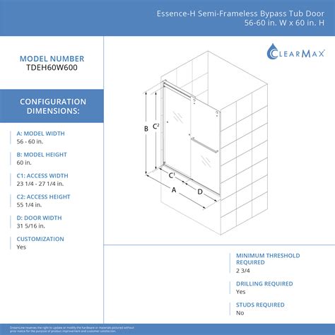 Dreamline Essence H 56 60 Inch W X 60 Inch H Semi Frameless Bypass Tub Door