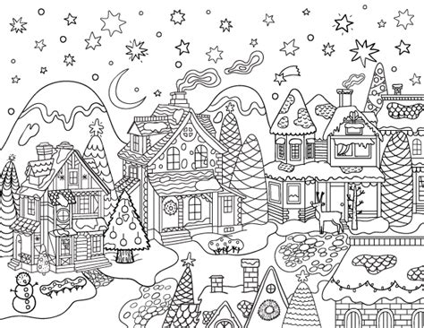 Christmas Village Adult Coloring Page