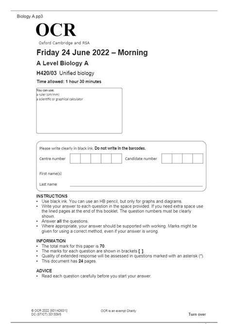 Ocr A Level Biology A H42003 Unified Biology Question Paper