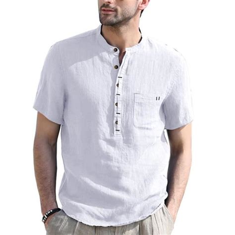 Chemise Lin Homme Manches Courtes ete col Mao Henley Coton Décontractée