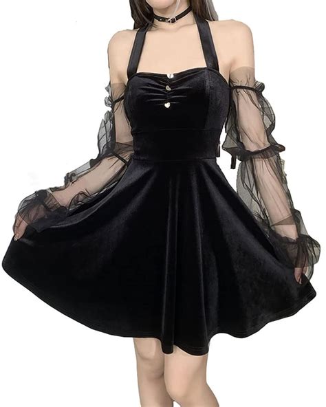 TSMNZMU Goth Lolita Black Empire Waist Pleated Chic Dress Mesh Long