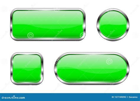 Green Glass Buttons Set Of 3d Shiny Icons With Chrome Frame Stock